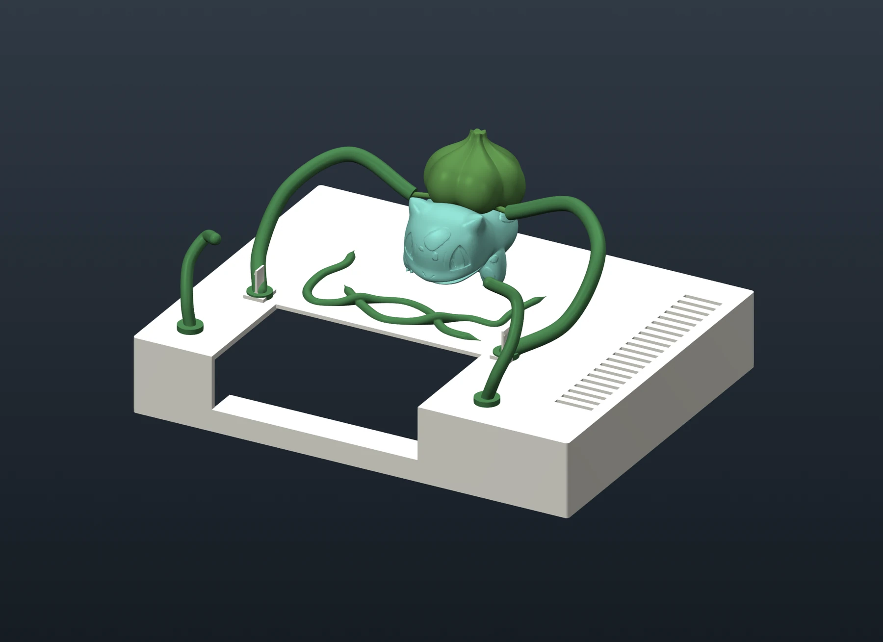 Work-in-progress Bulbasaur NES lid concept with green vines weaving across a pale top platform, raised front vine tips and an open cartridge entrance