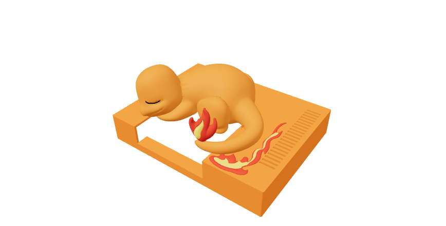 Digital design preview of a sleeping orange Charmander on an orange NES lid with red and yellow flame accents