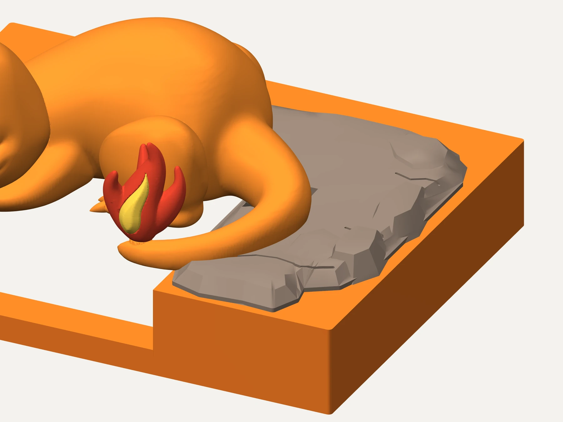 Updated October 10 · Digital design detail of the new rock ledge and Charmander’s tail flame. Printing and physical testing pending. Original sculpt: Silaus_42; source package: Ates2323 / AtesAtesAtes.