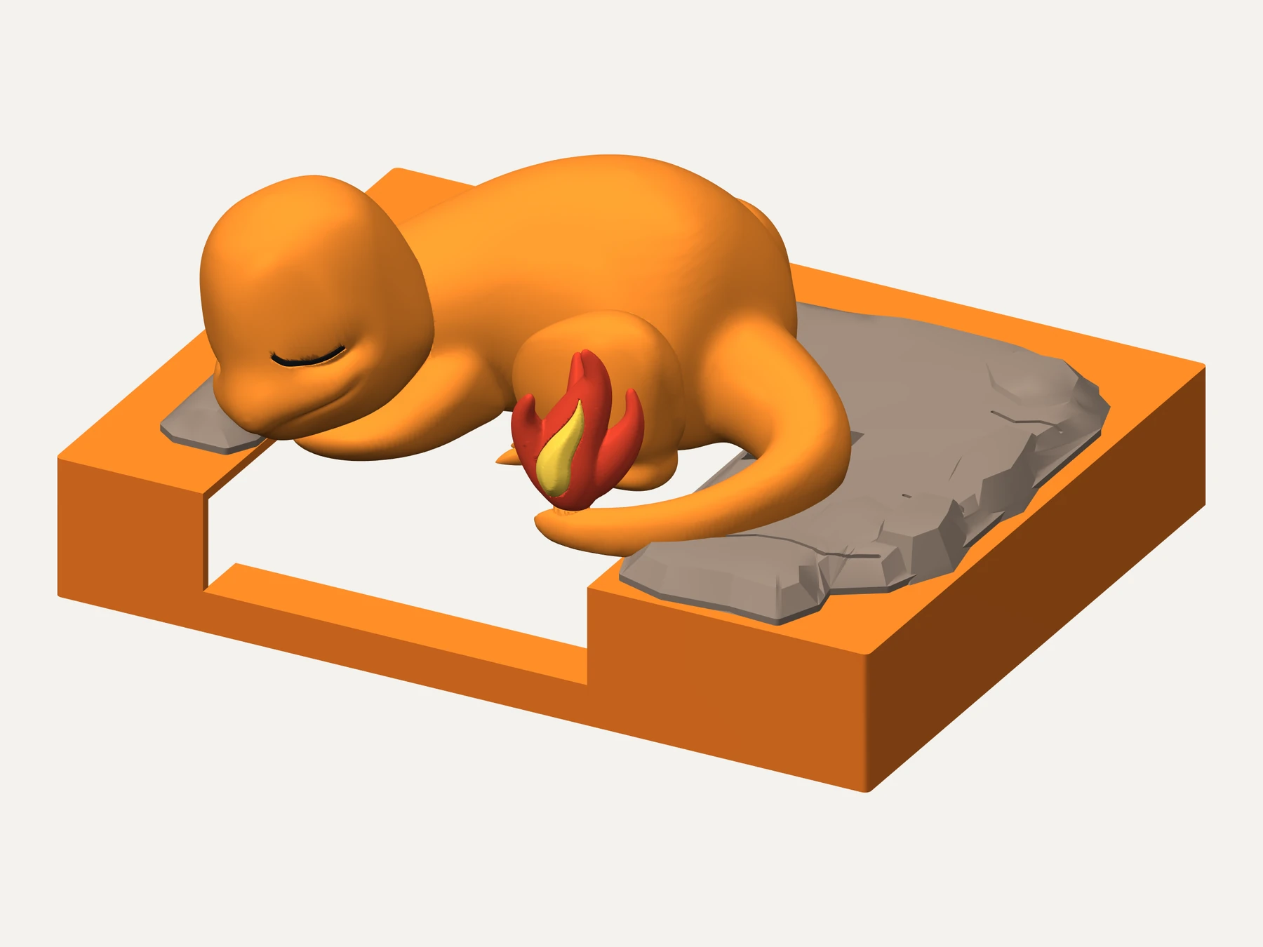 Updated October 10 · Digital design preview of the sleeping Charmander NES lid and weathered rock ledge. Printing and physical testing pending. Original sculpt: Silaus_42; source package: Ates2323 / AtesAtesAtes.