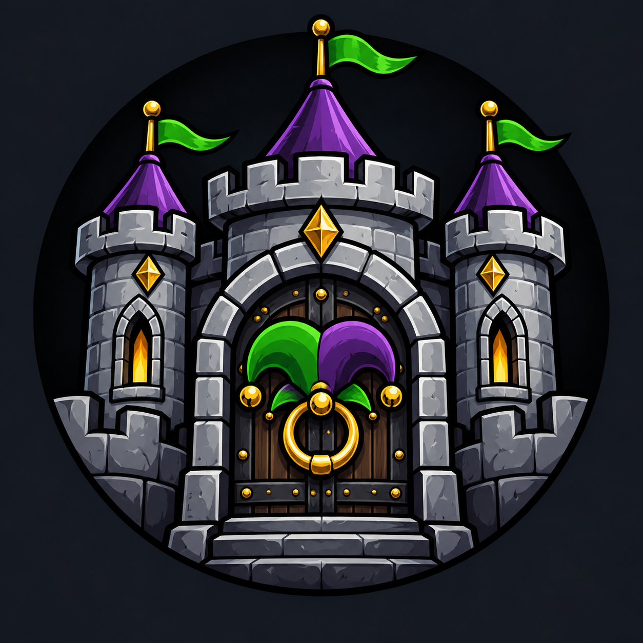 JesterGuard’s castle emblem with purple towers, green flags, and a Jester door knocker
