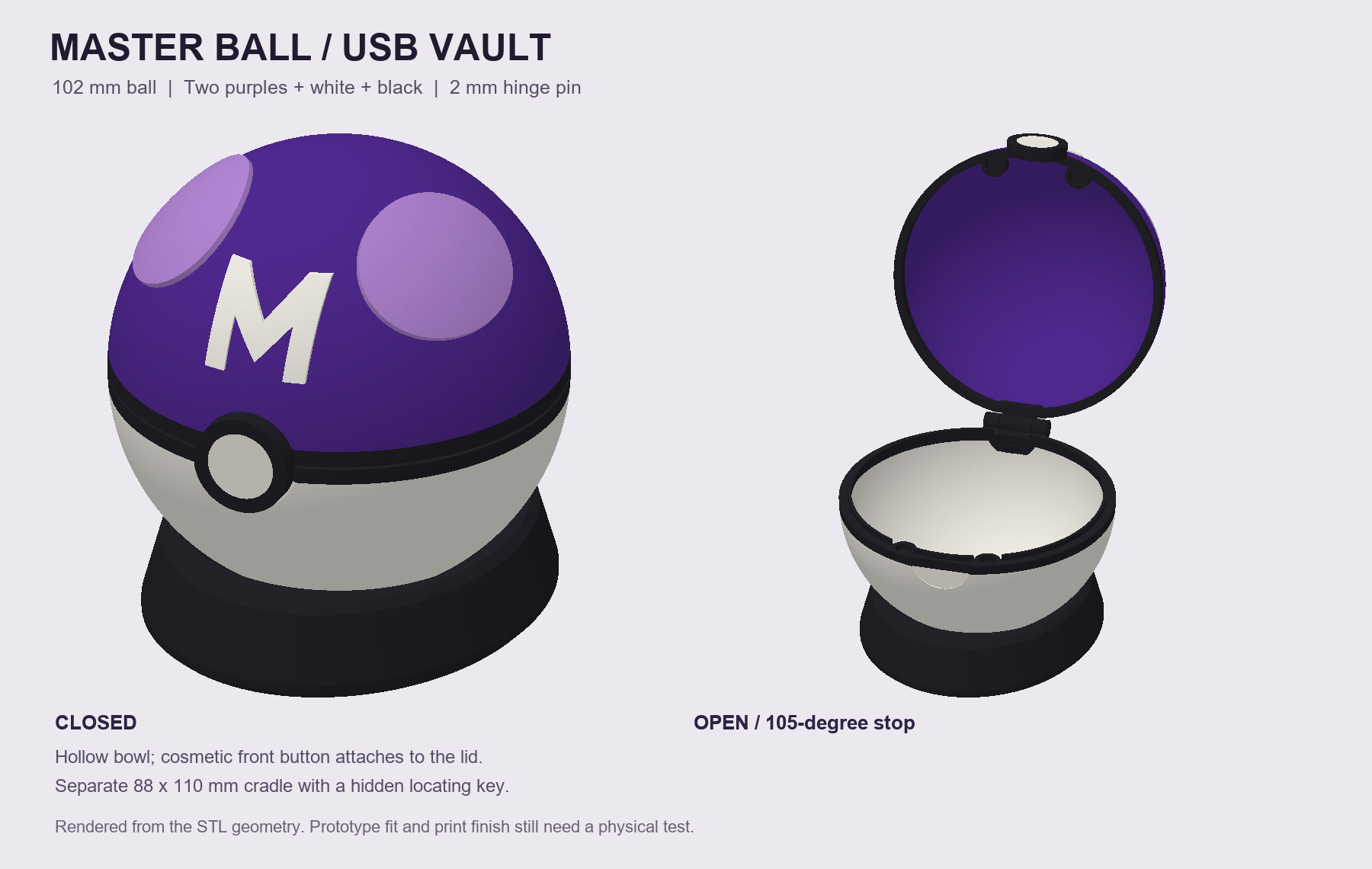 Original v1 CAD preview showing the Master Ball USB Vault open and closed with its separate cradle