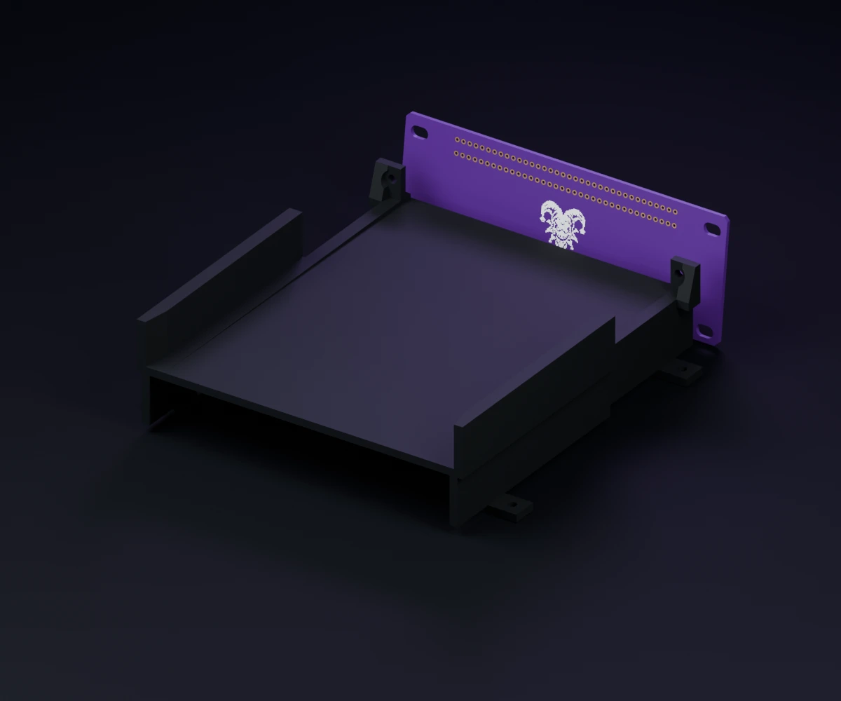Product visualization of the purple NES connector board and black printed tray