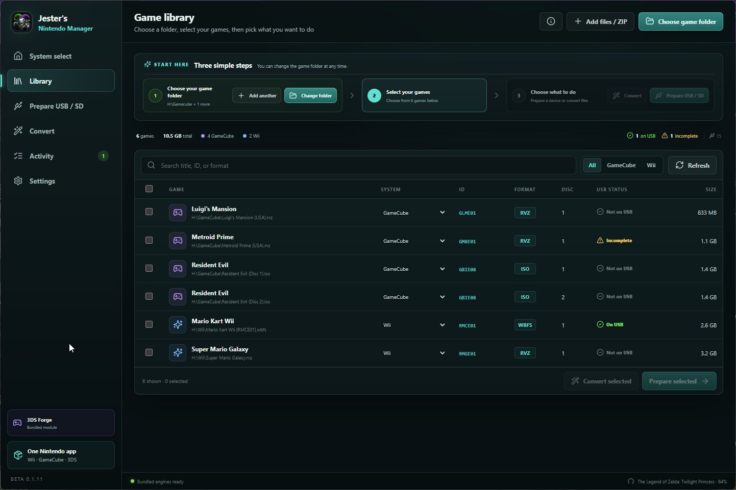 Nintendo Manager’s built-in demo workspace, showing example library entries and format filters