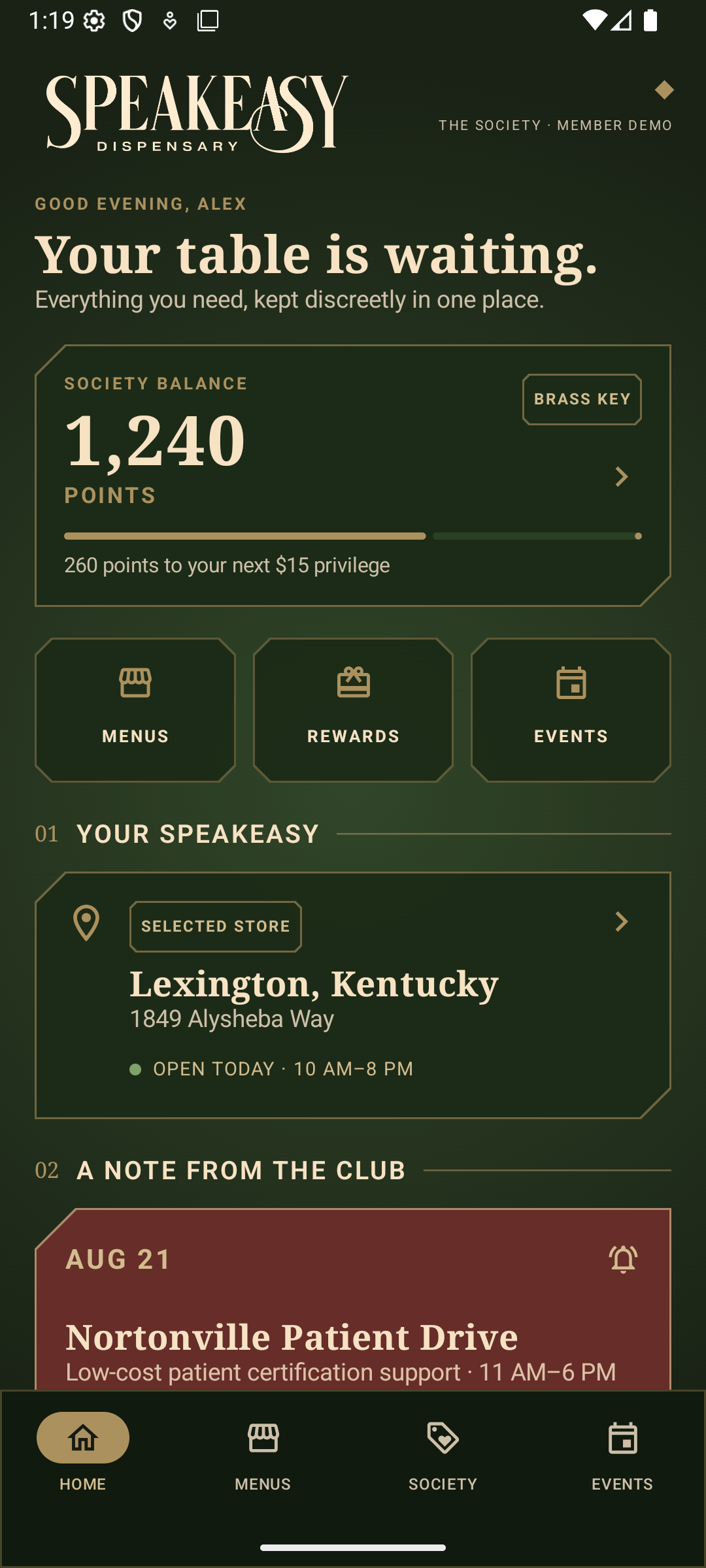 Speakeasy Android prototype home screen with a sample member balance, rewards, and location selection