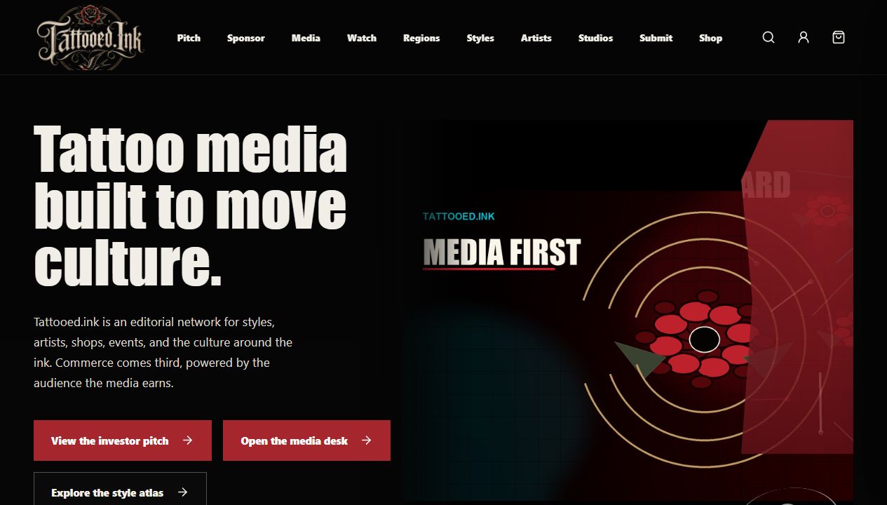 An earlier Tattooed.ink design preview showing the editorial home page; the current public site is coming soon