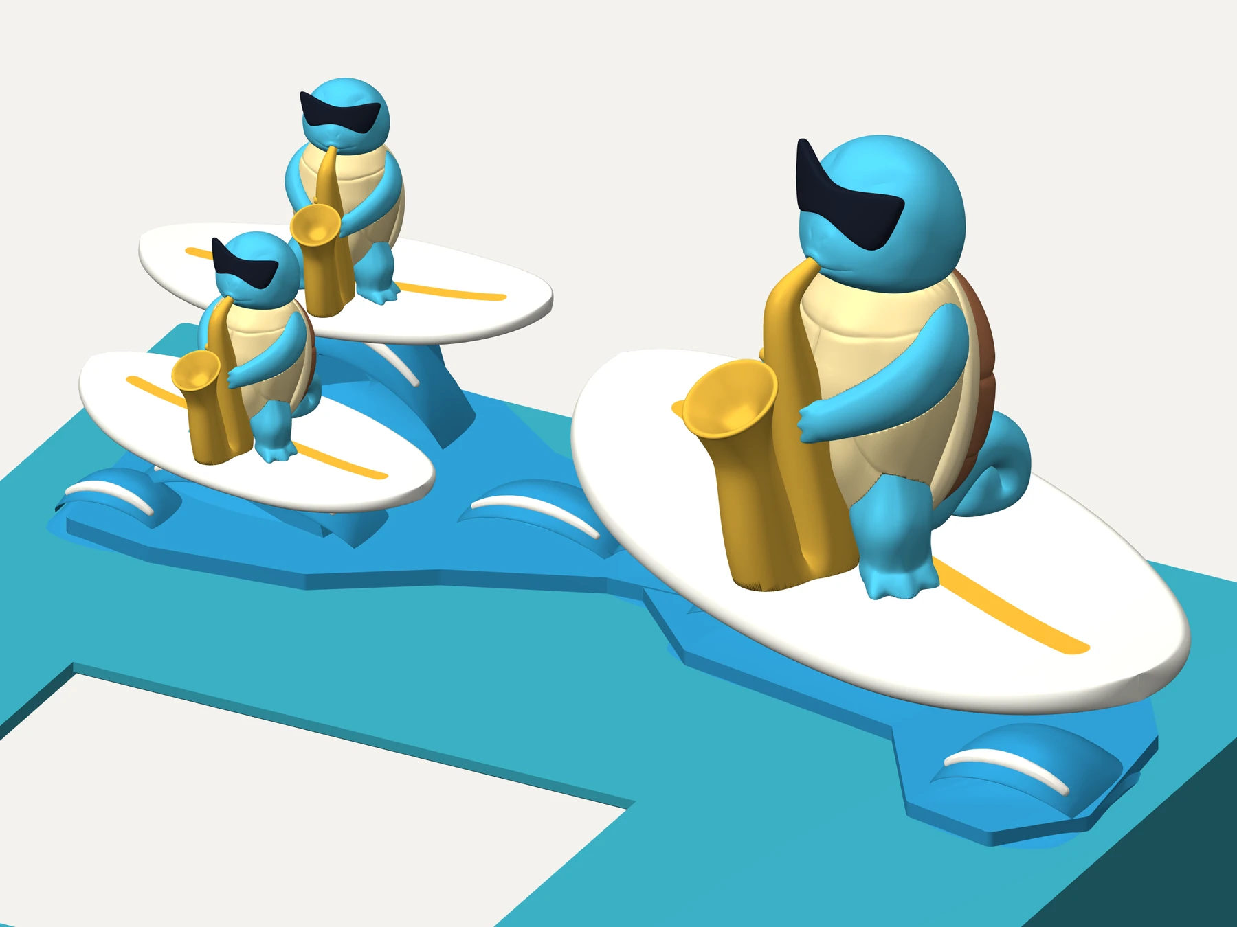 Digital design detail of the three surfers, boards and curling waves. Printing and physical fit checks pending. Original character sculpt: UglyMunkeyWorkshop.