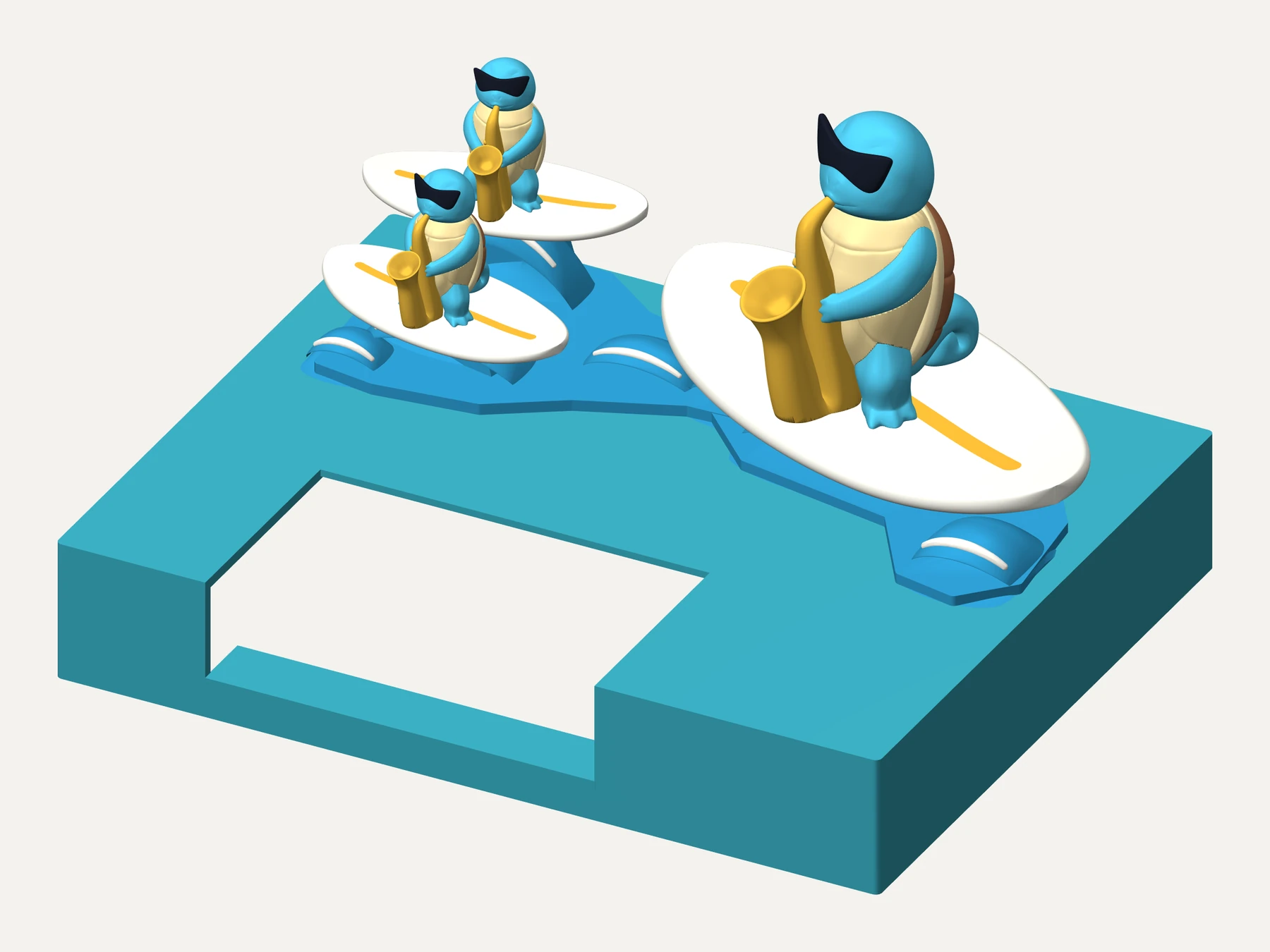 Digital Squirtle NES lid concept with one larger sax-playing surfer and two smaller companions on separate boards above blue waves and white foam